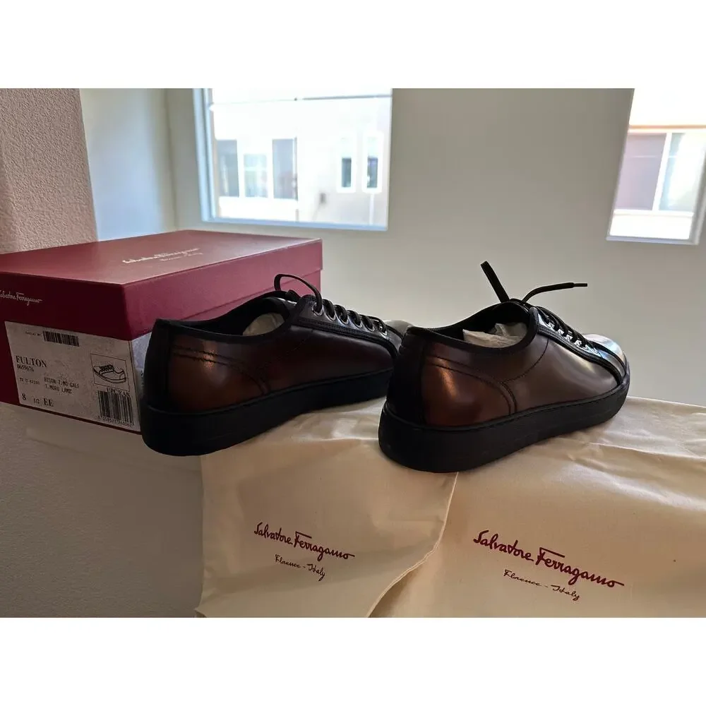 NWT Salvatore Ferragamo Men's Fulton Brown Leather Sneakers
